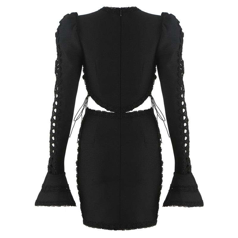 Black White O Neck Flare Sleeve Cutout Female Mini Sexy Bodycon Bandage Dress