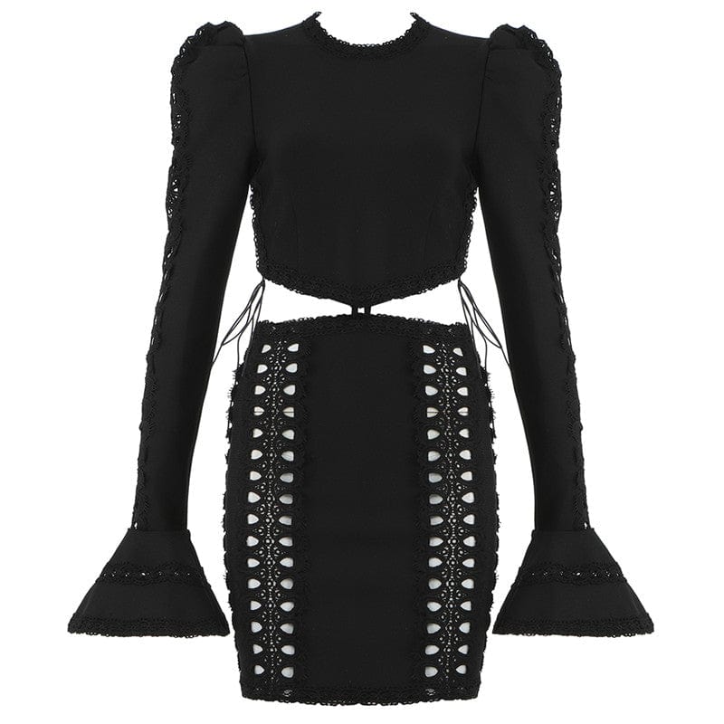 Black White O Neck Flare Sleeve Cutout Female Mini Sexy Bodycon Bandage Dress