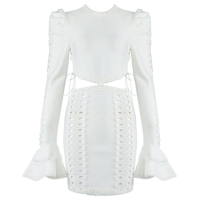 Black White O Neck Flare Sleeve Cutout Female Mini Sexy Bodycon Bandage Dress