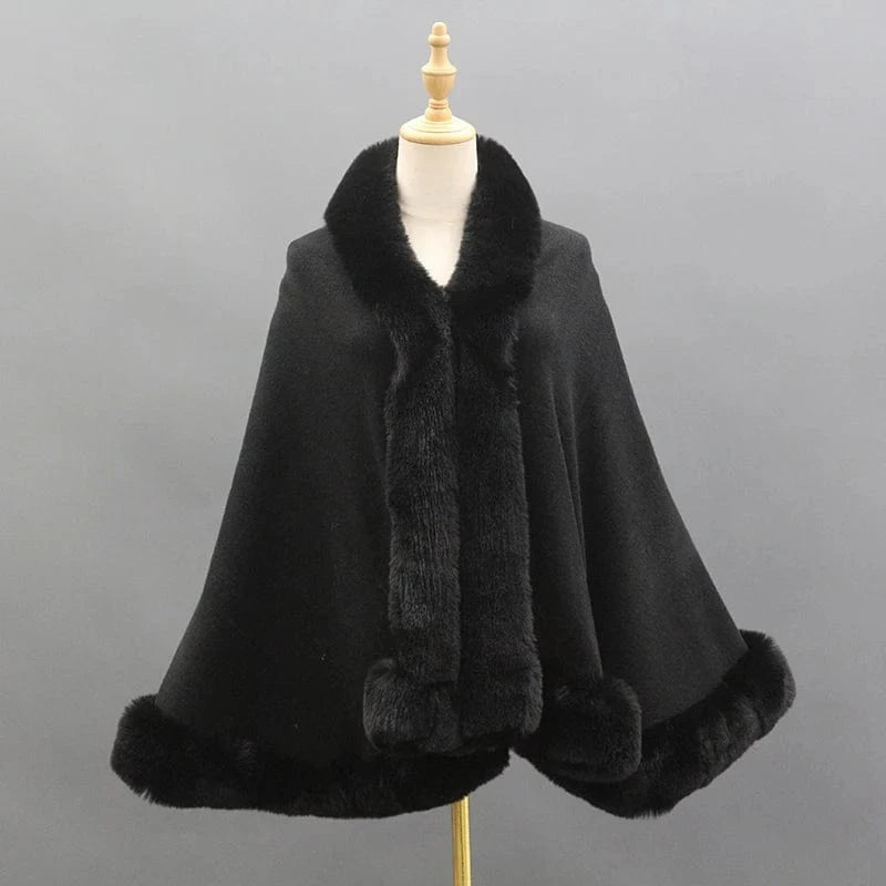 Black Wholesale Black White Pink Beige Knitted Wool Cape Winter Fashion Warm Faux Fur Shawl
