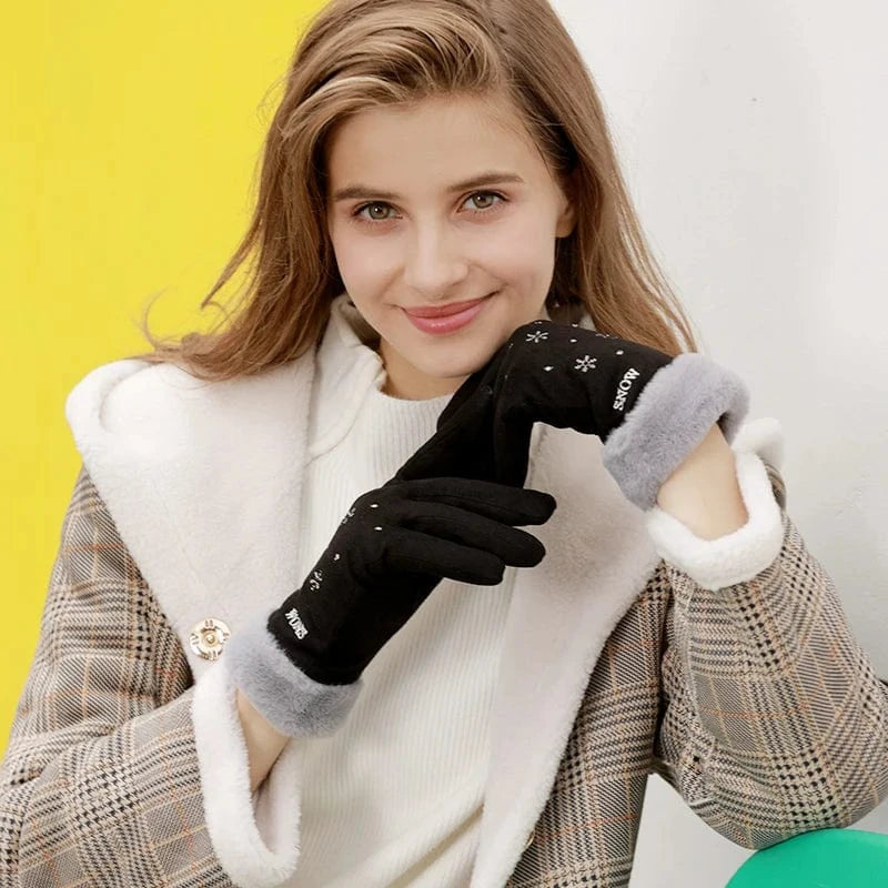 Black Wholesale cute phone touch fur cuff snowflake touch screen thermal women's winter gloves