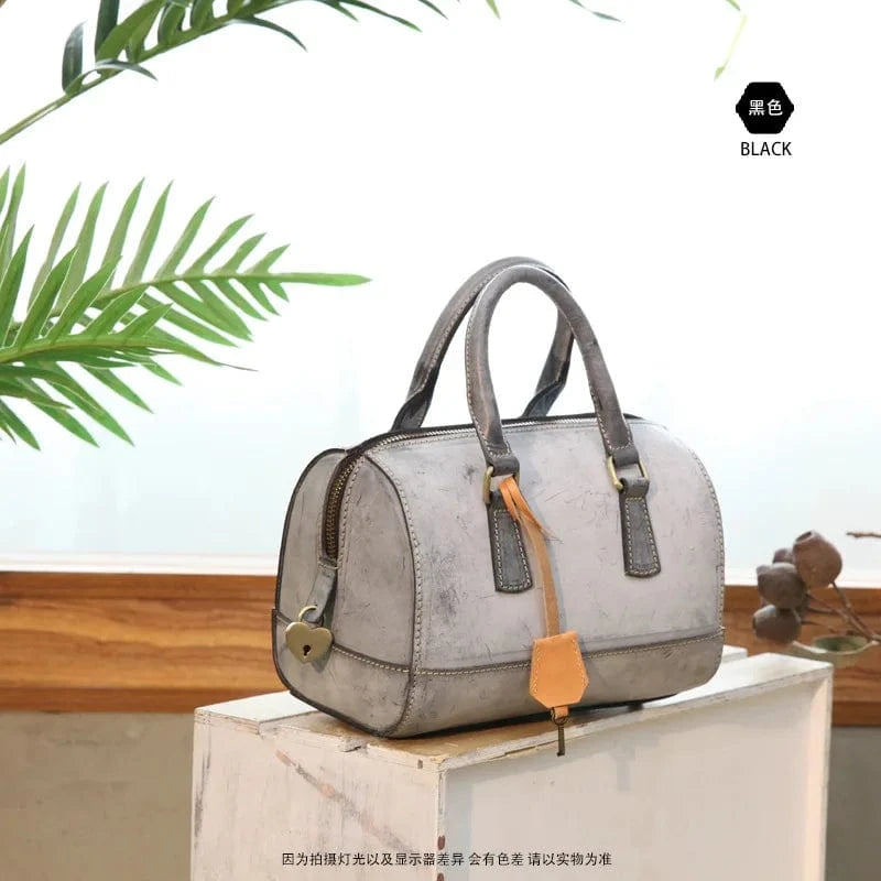 Black Wholesale New Hand-Made Vegetable Tanned Leather Large Capacity Handbag Genuine  Leather Vintage Sweet Style Handbag For Women