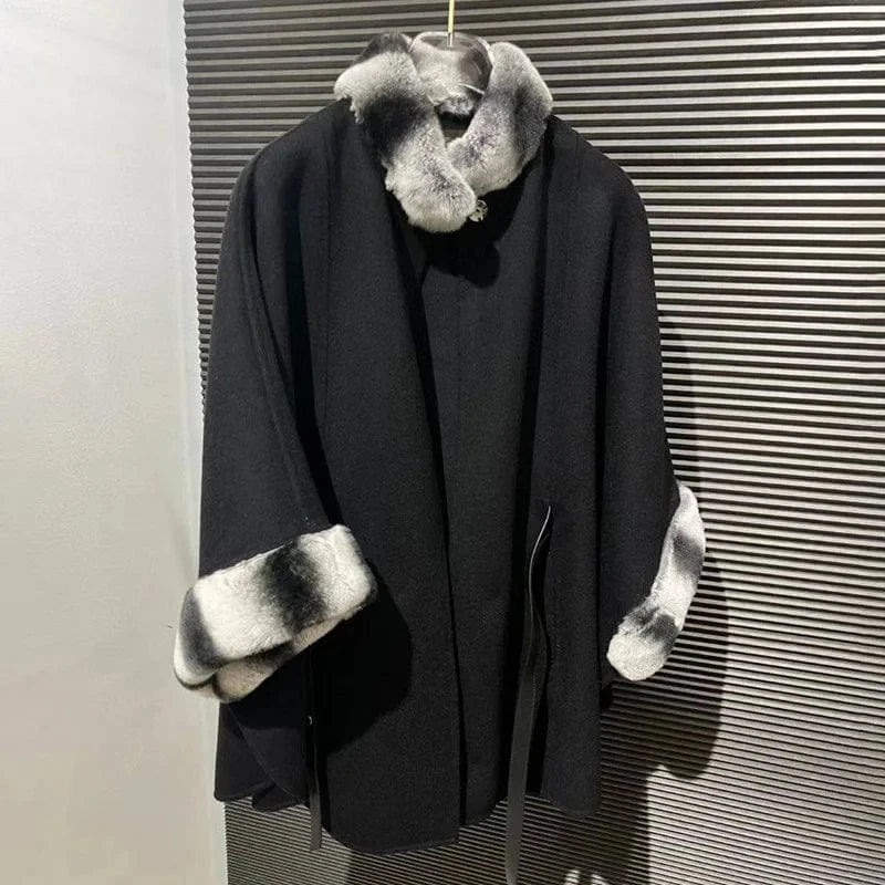 Black Winter Rex Rabbit Fur Collar Cape Soft Wool Shawl Elegant Women Designer Poncho