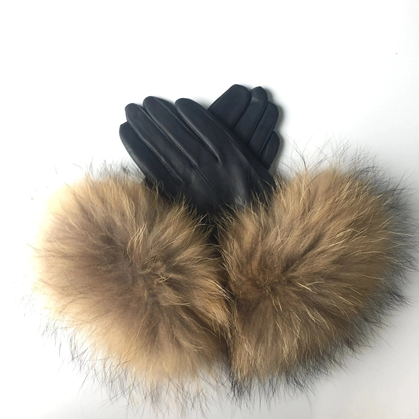 Black with natural fur Modern Style Beautiful Design Colorful Raccoon Fur Cuff Genuine Leather Gloves For Women