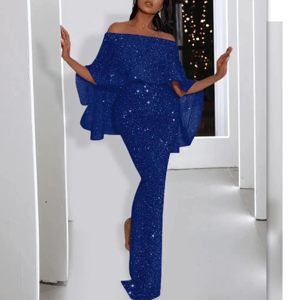 Bling Bling Women Elegant Party Dresses Spring Autumn Sexy Slash Neck Skinny Vestidos Ruffle Cover Up Evening Dress Plus Size
