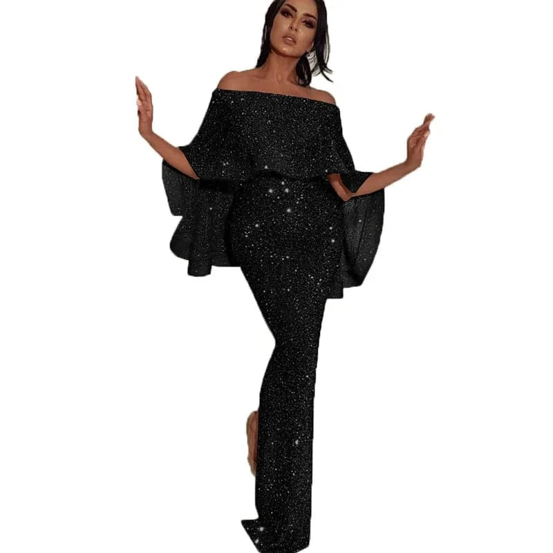 Bling Bling Women Elegant Party Dresses Spring Autumn Sexy Slash Neck Skinny Vestidos Ruffle Cover Up Evening Dress Plus Size