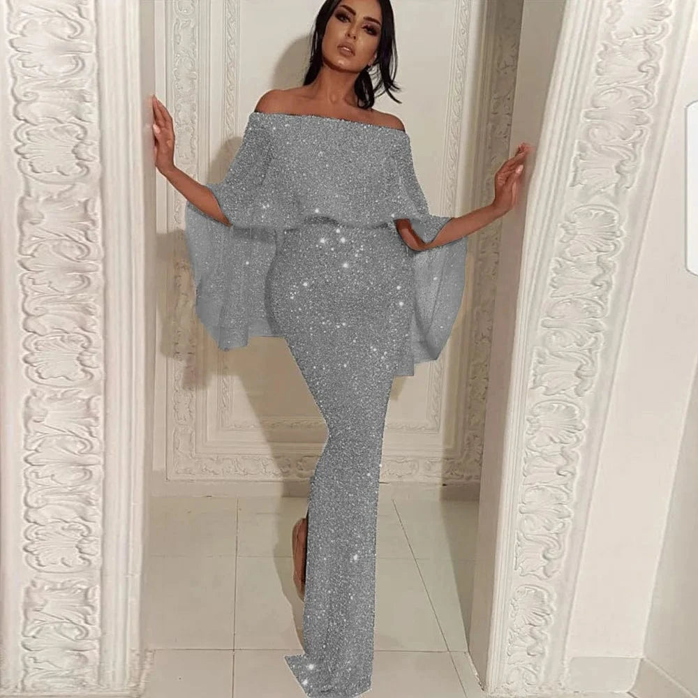 Bling Bling Women Elegant Party Dresses Spring Autumn Sexy Slash Neck Skinny Vestidos Ruffle Cover Up Evening Dress Plus Size