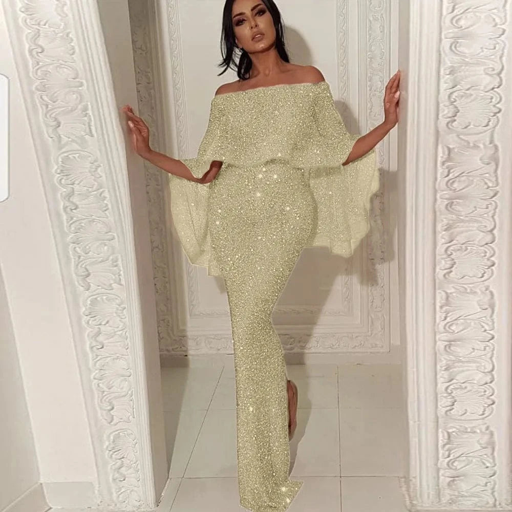 Bling Bling Women Elegant Party Dresses Spring Autumn Sexy Slash Neck Skinny Vestidos Ruffle Cover Up Evening Dress Plus Size