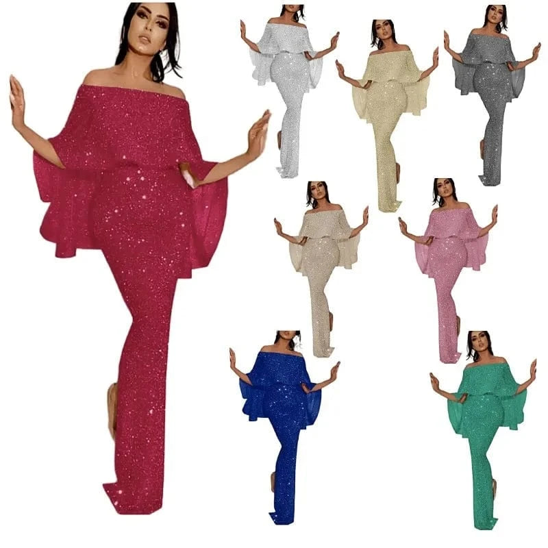 Bling Bling Women Elegant Party Dresses Spring Autumn Sexy Slash Neck Skinny Vestidos Ruffle Cover Up Evening Dress Plus Size