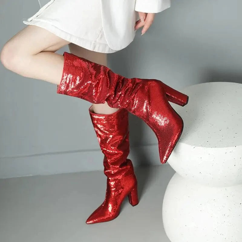 Bling New Botas Alto Chunky Heel Shoes 2023 Knee-High Women Boots