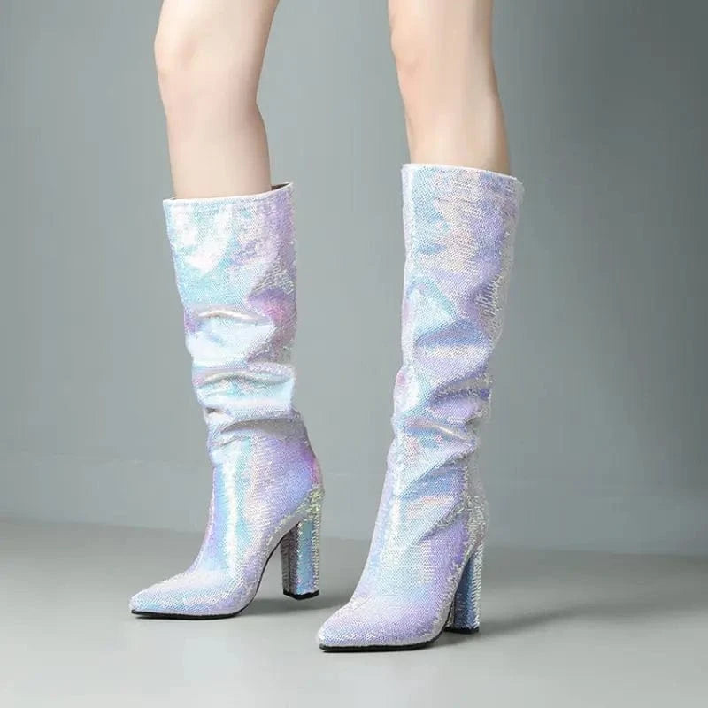 Bling New Botas Alto Chunky Heel Shoes 2023 Knee-High Women Boots