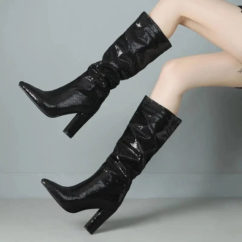 Bling New Botas Alto Chunky Heel Shoes 2023 Knee-High Women Boots