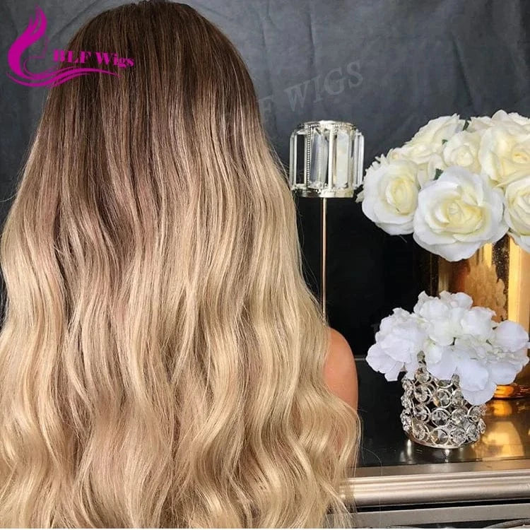 Blonde Ombre Lace Wigs Middle Part Glueless Lace Front Human Hair Wigs Bleached Knots
