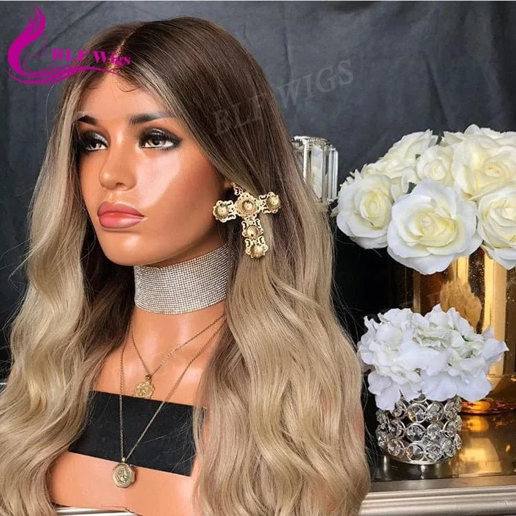 Blonde Ombre Lace Wigs Middle Part Glueless Lace Front Human Hair Wigs Bleached Knots