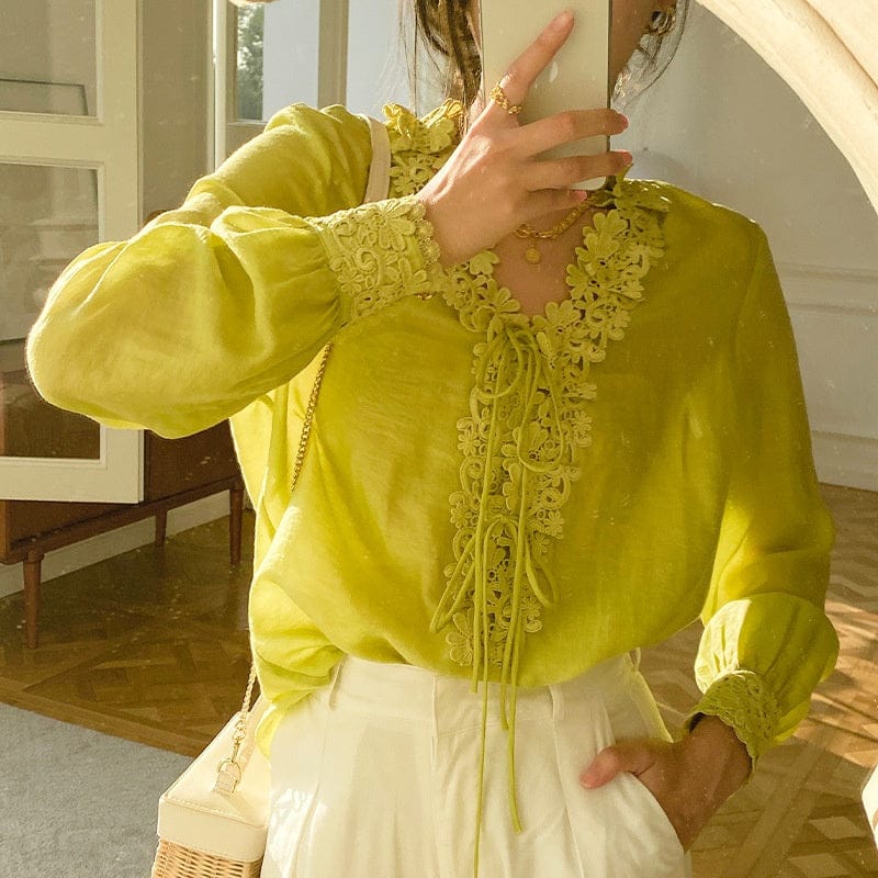 Blouses Et Chemises Pour Femmes 2022 Organic Vegan Fabric Women Shirts Tulle Lace Stand Collar Full Sleeve Womens Tops Blouse