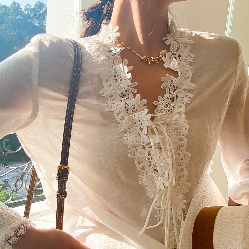 Blouses Et Chemises Pour Femmes 2022 Organic Vegan Fabric Women Shirts Tulle Lace Stand Collar Full Sleeve Womens Tops Blouse