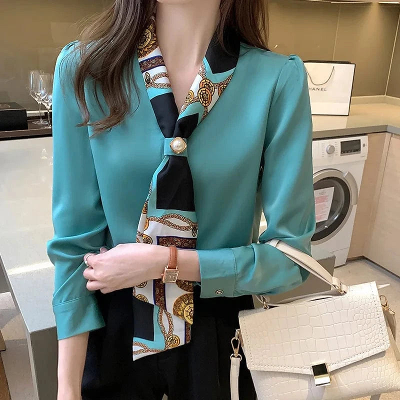 Blouses Female Elegant Fashion Office Lady Bow Solid Chiffon Shirts Women Clothing Spring Autumn Long Sleeve V-Neck Pullover Top