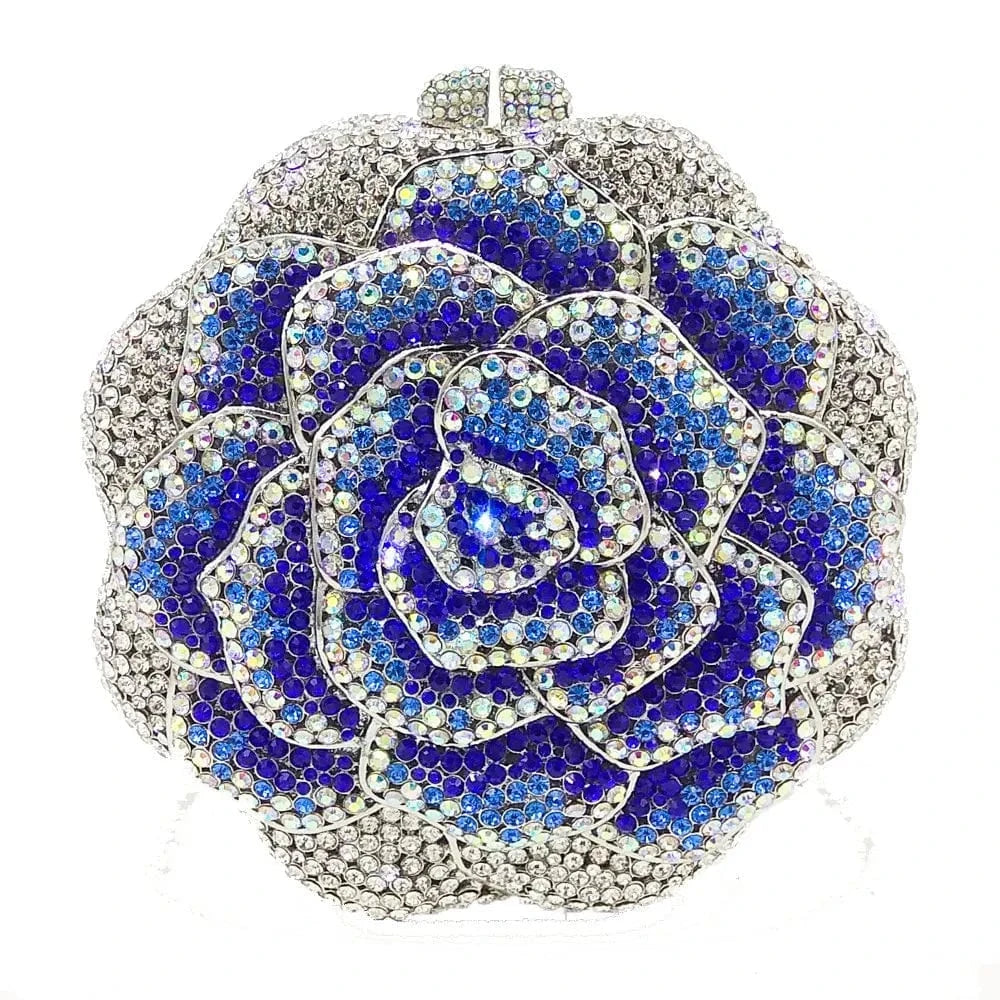 BLUE 17 Fashion bling crystal rhinestone flower roses shape diamond clutch purse handbag