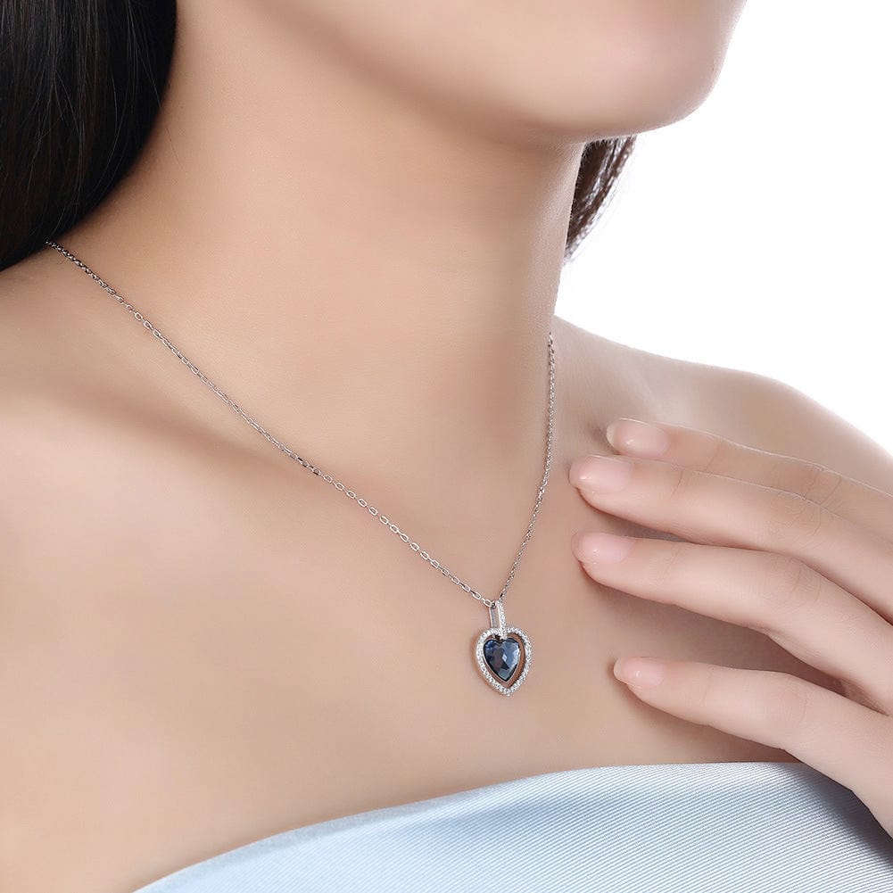 Blue Austria Elements Crystal Necklace for Women European and American Style Fashion REAL 925 Sterling Silver shaped Love Jewelry