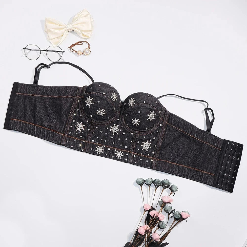 Blue Black customized shiny snowflake diamond pattern denim women's underwear