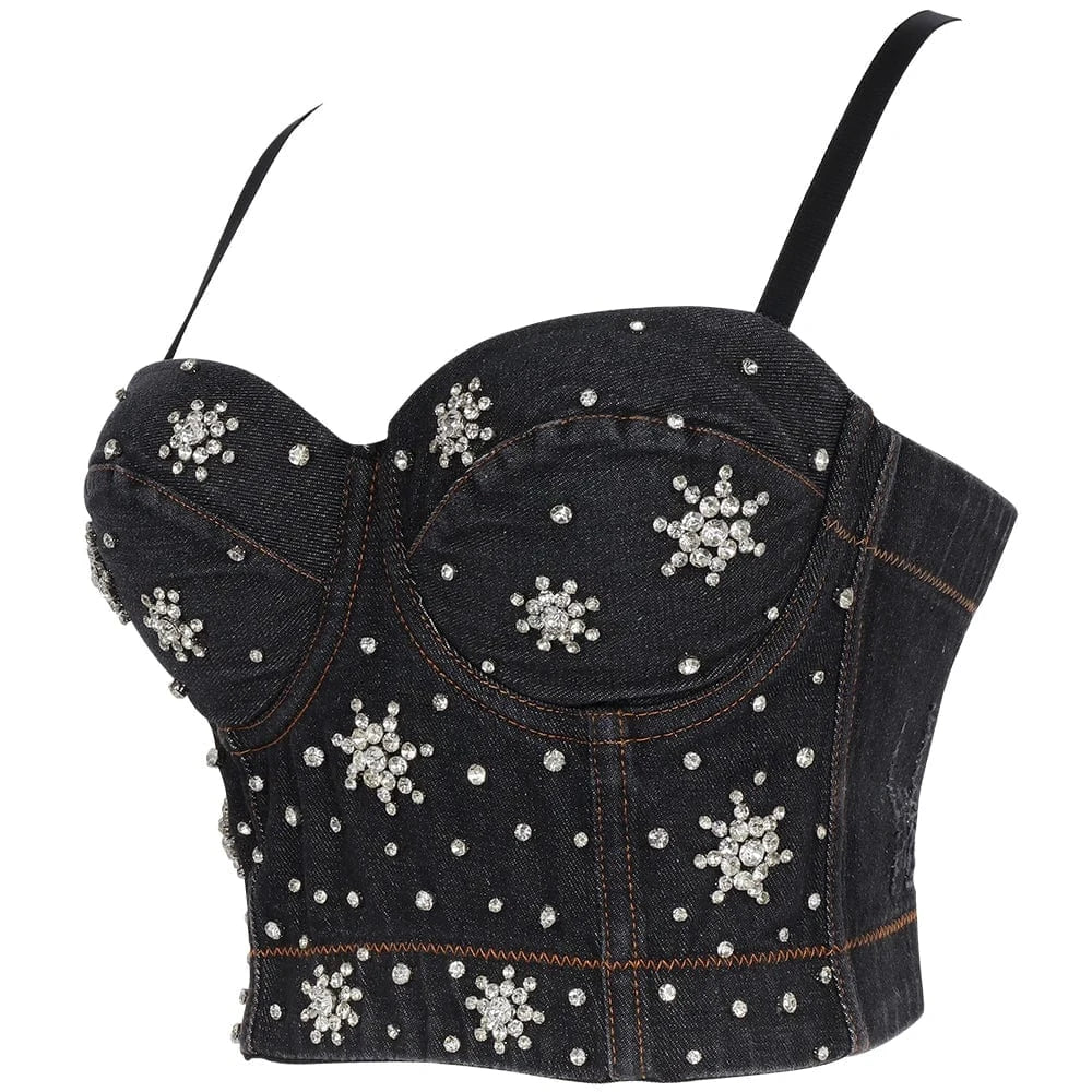 Blue Black customized shiny snowflake diamond pattern denim women's underwear