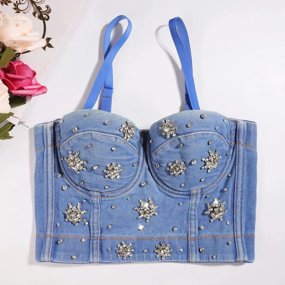 Blue Black customized shiny snowflake diamond pattern denim women's underwear