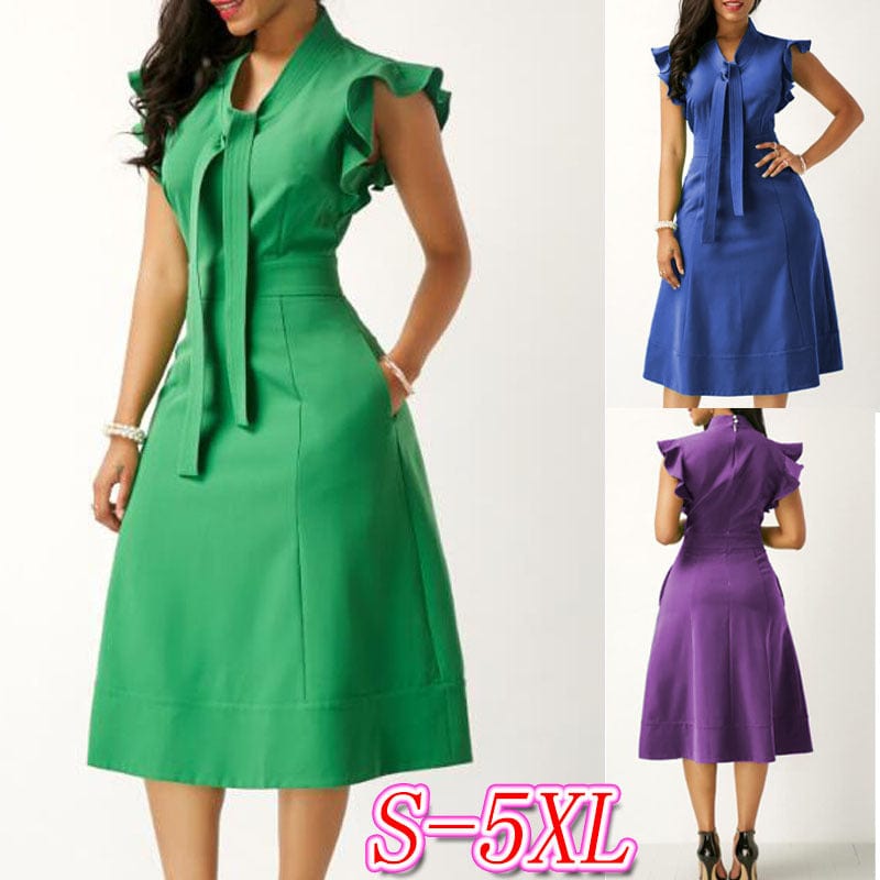 Blue Bodycon Big Size Mid Calf Slim Butterfly Sleeve Lady Casual Dress