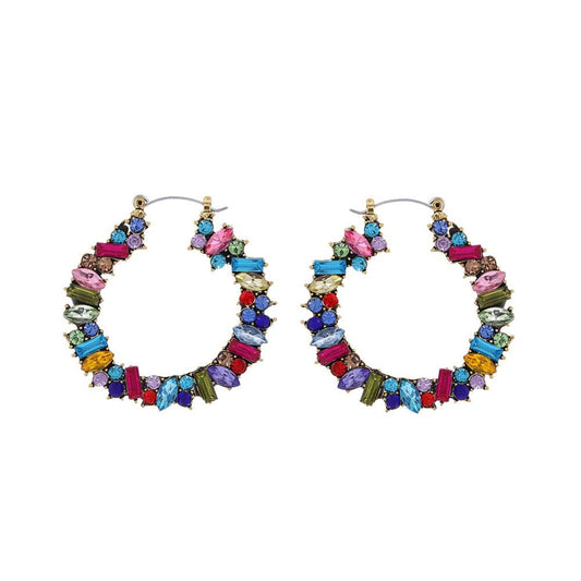 Blue CARTER LISA Vintage Alloy Bohemian Style Handmade Crystal Earring Colorful Big Hoop Rhinestone Earring