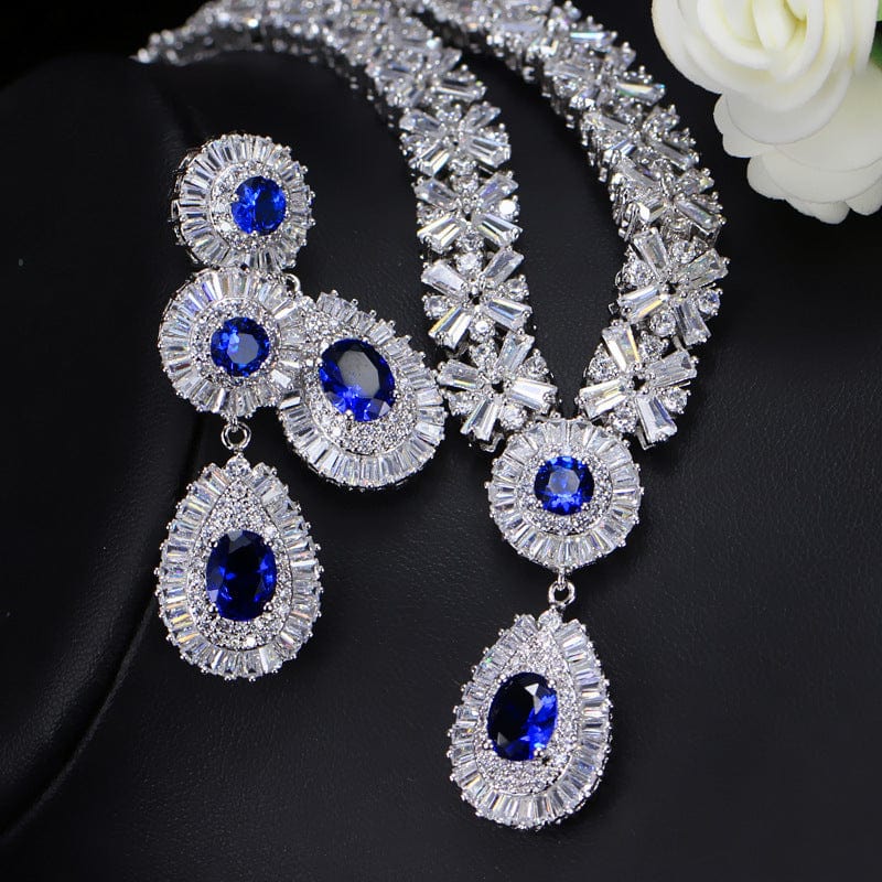 Blue Classic Bridal Jewelry Set Bling Waterdrop Zirconia Jewelry Necklace Set