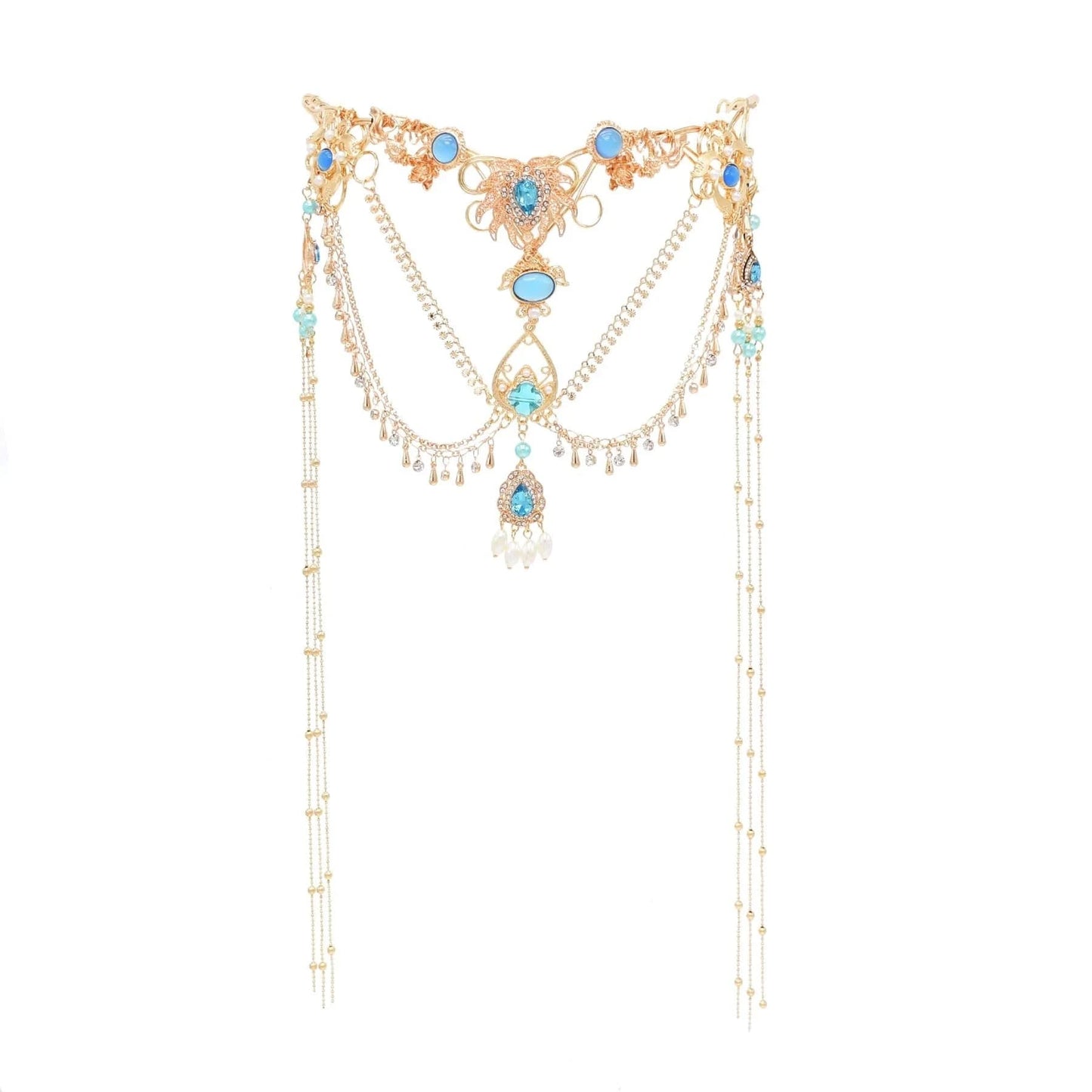 Blue Crystal Beads Long Tassels Chinese Bridal Hair Accessories Crown Zircon Headwear Women's Party Jewelry Gifts