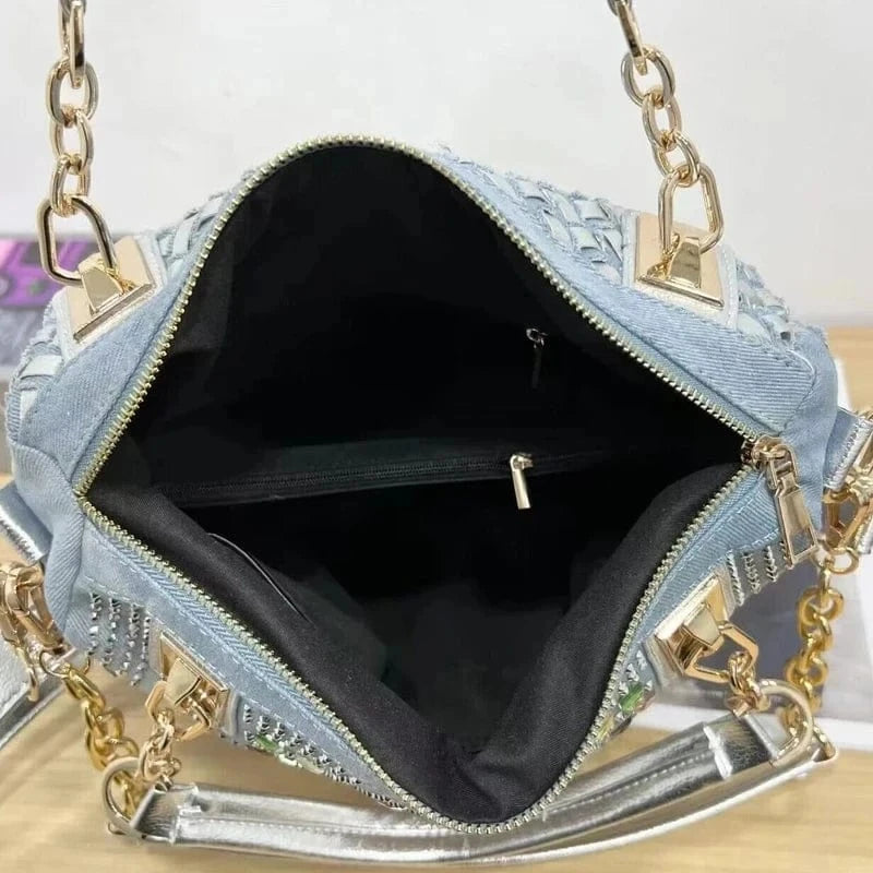 blue Denim Cloth Bags For Women Luxury Designer Handbags Purses 2024 New In Mosaic Shiny Colorful Imitation Diamond Underarm Shoulder