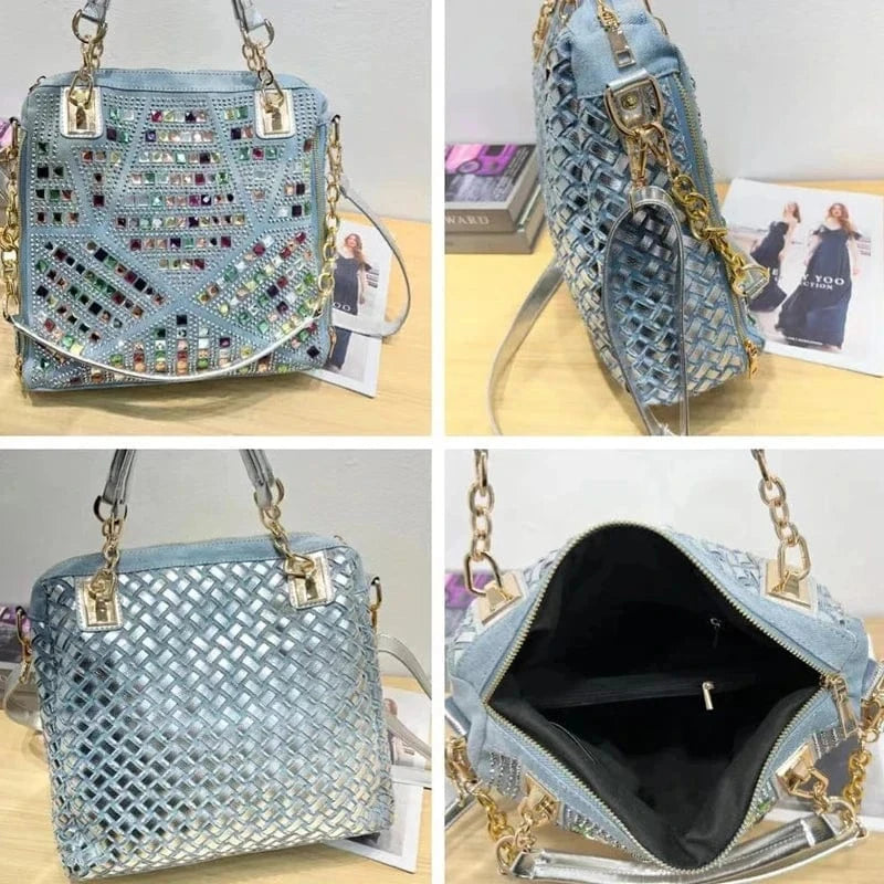 blue Denim Cloth Bags For Women Luxury Designer Handbags Purses 2024 New In Mosaic Shiny Colorful Imitation Diamond Underarm Shoulder
