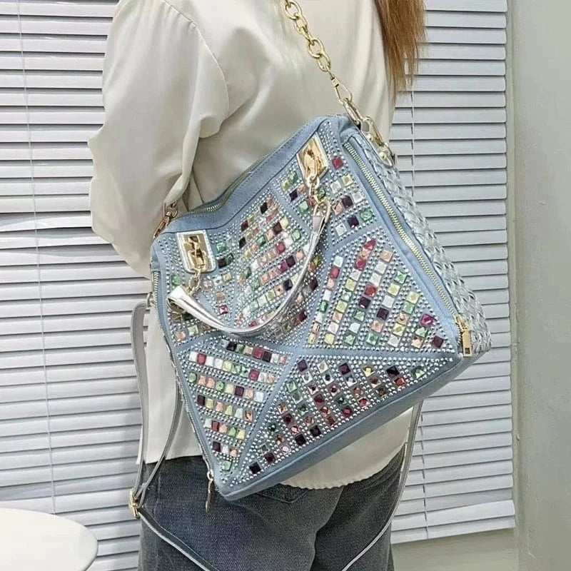 blue Denim Cloth Bags For Women Luxury Designer Handbags Purses 2024 New In Mosaic Shiny Colorful Imitation Diamond Underarm Shoulder