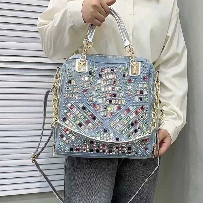 blue Denim Cloth Bags For Women Luxury Designer Handbags Purses 2024 New In Mosaic Shiny Colorful Imitation Diamond Underarm Shoulder