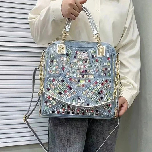 blue Denim Cloth Bags For Women Luxury Designer Handbags Purses 2024 New In Mosaic Shiny Colorful Imitation Diamond Underarm Shoulder