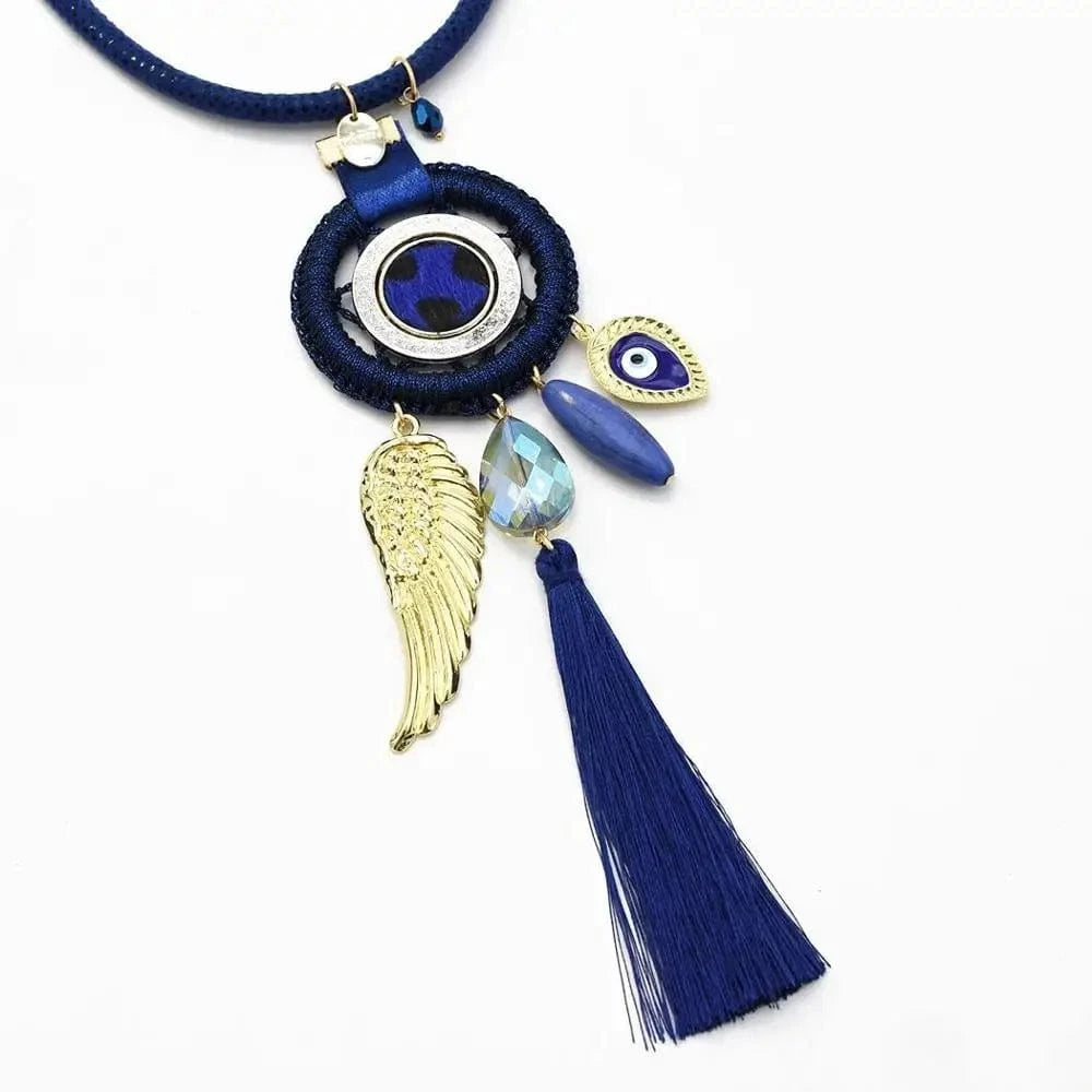 Blue Dream Catcher Necklace Earrings Jewelry Sets Angel Wings Devil's Eye Thread Tassel Choker For Women