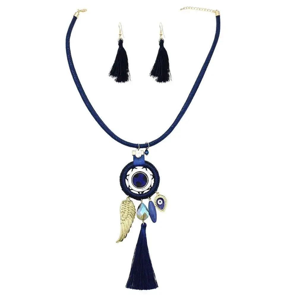Blue Dream Catcher Necklace Earrings Jewelry Sets Angel Wings Devil's Eye Thread Tassel Choker For Women