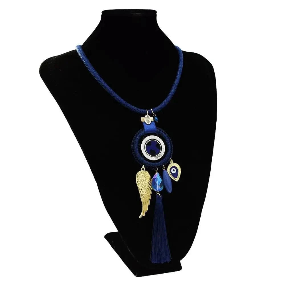 Blue Dream Catcher Necklace Earrings Jewelry Sets Angel Wings Devil's Eye Thread Tassel Choker For Women