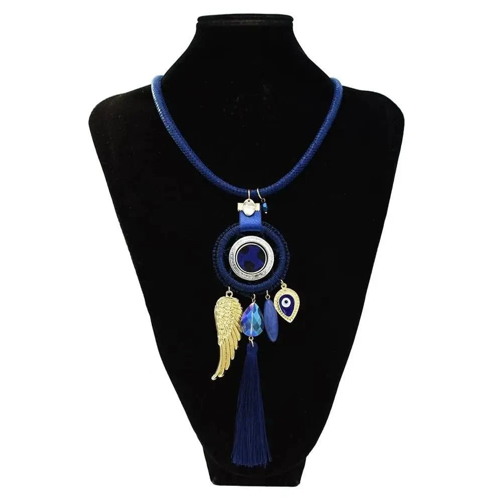 Blue Dream Catcher Necklace Earrings Jewelry Sets Angel Wings Devil's Eye Thread Tassel Choker For Women