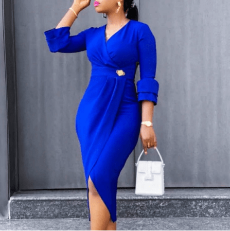 Blue Elegant High Waist V Neck Pleat Split Office Career Lady Dress