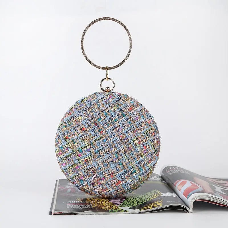 Blue Factory direct wholesale new style round evening bag weave fabric clutches crystal metal handle lady handbags for party banquet