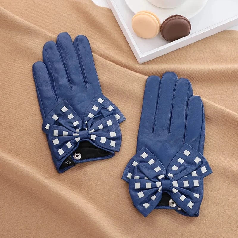 Blue Fashion girls touchscreen bow leather yellow sheepskin gloves