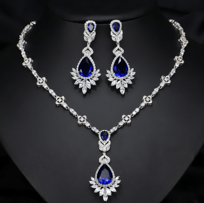 Blue Fashion necklace earrings gold filled large sized zirconia jewelry sets bridal