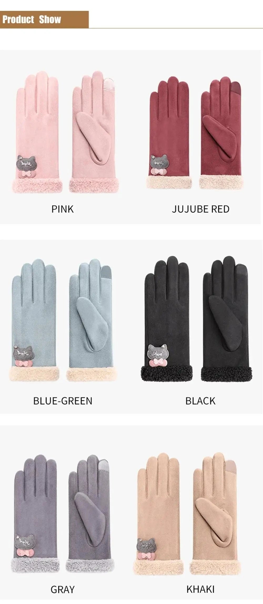 blue Fashion sensitive touch screen faux fur cuff suede fabric red bike riding winter women gloves