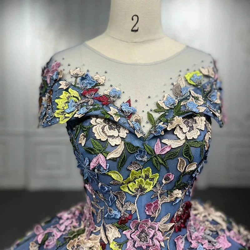 Blue Flower Short Sleeve Elegant Gowns For Evening Women Dress Jancember 9942