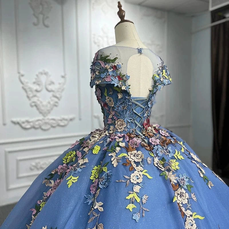 Blue Flower Short Sleeve Elegant Gowns For Evening Women Dress Jancember 9942