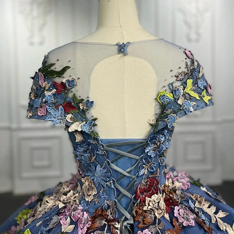 Blue Flower Short Sleeve Elegant Gowns For Evening Women Dress Jancember 9942