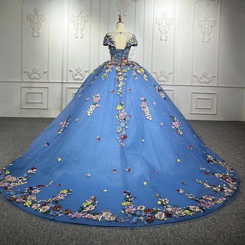 Blue Flower Short Sleeve Elegant Gowns For Evening Women Dress Jancember 9942