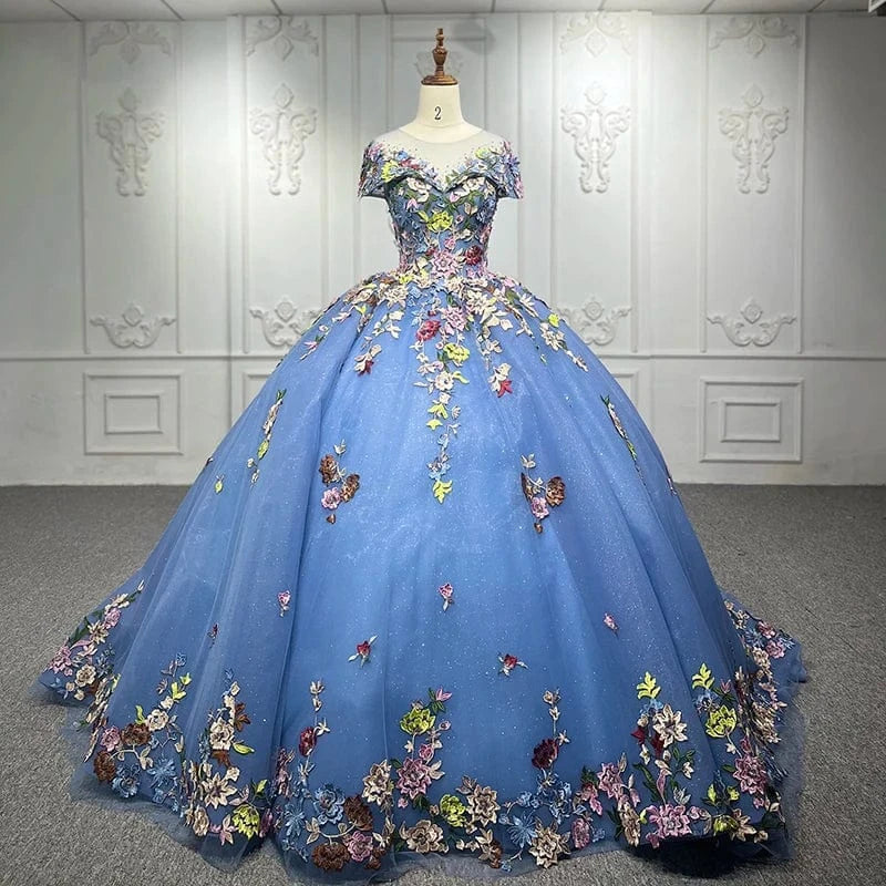 Blue Flower Short Sleeve Elegant Gowns For Evening Women Dress Jancember 9942
