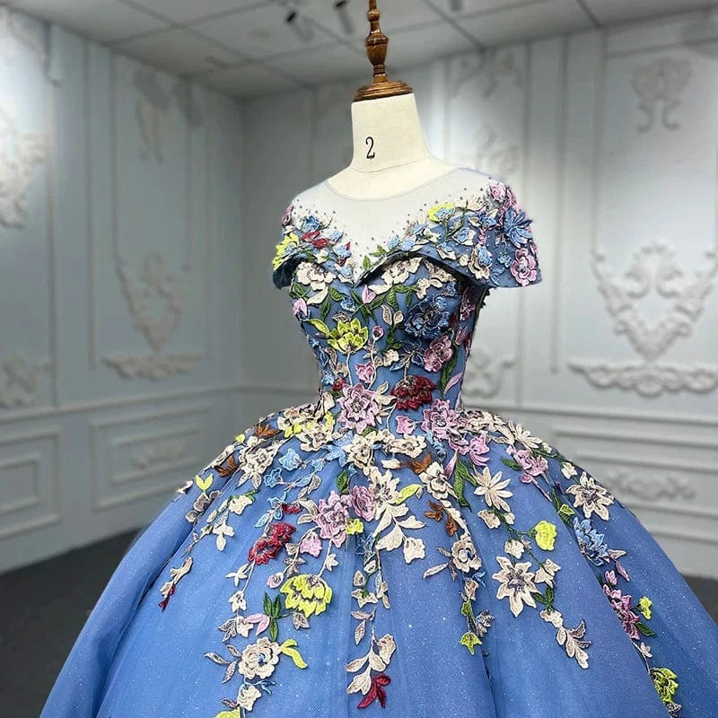 Blue Flower Short Sleeve Elegant Gowns For Evening Women Dress Jancember 9942